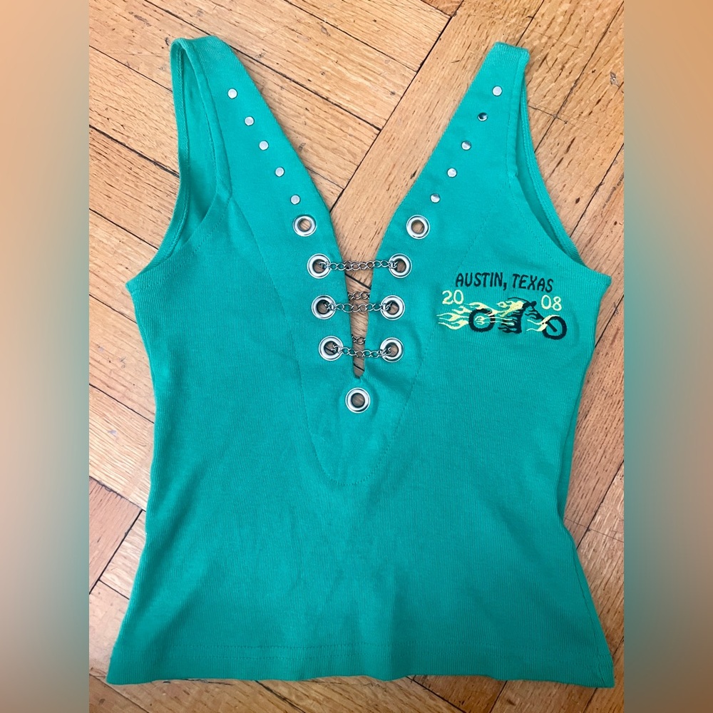 Green Biker Y2K Studded and Grommet Chained Tank Top Sz small